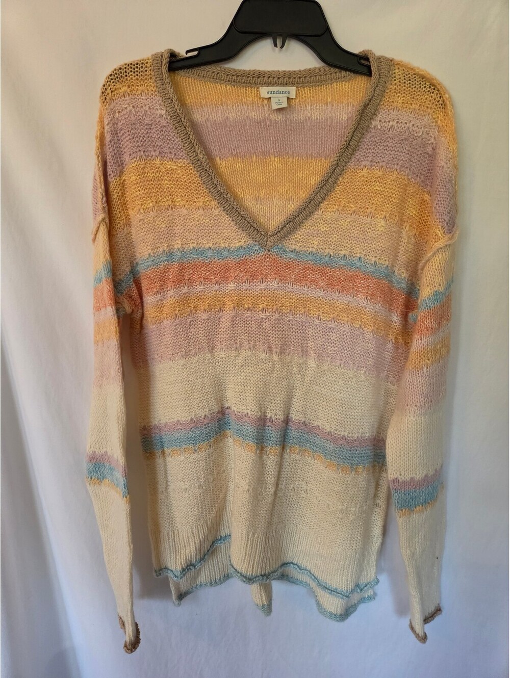 Sundance Womens Small Pastel Stripe Open Knit V-Neck Sweater Cotton Blend Boho